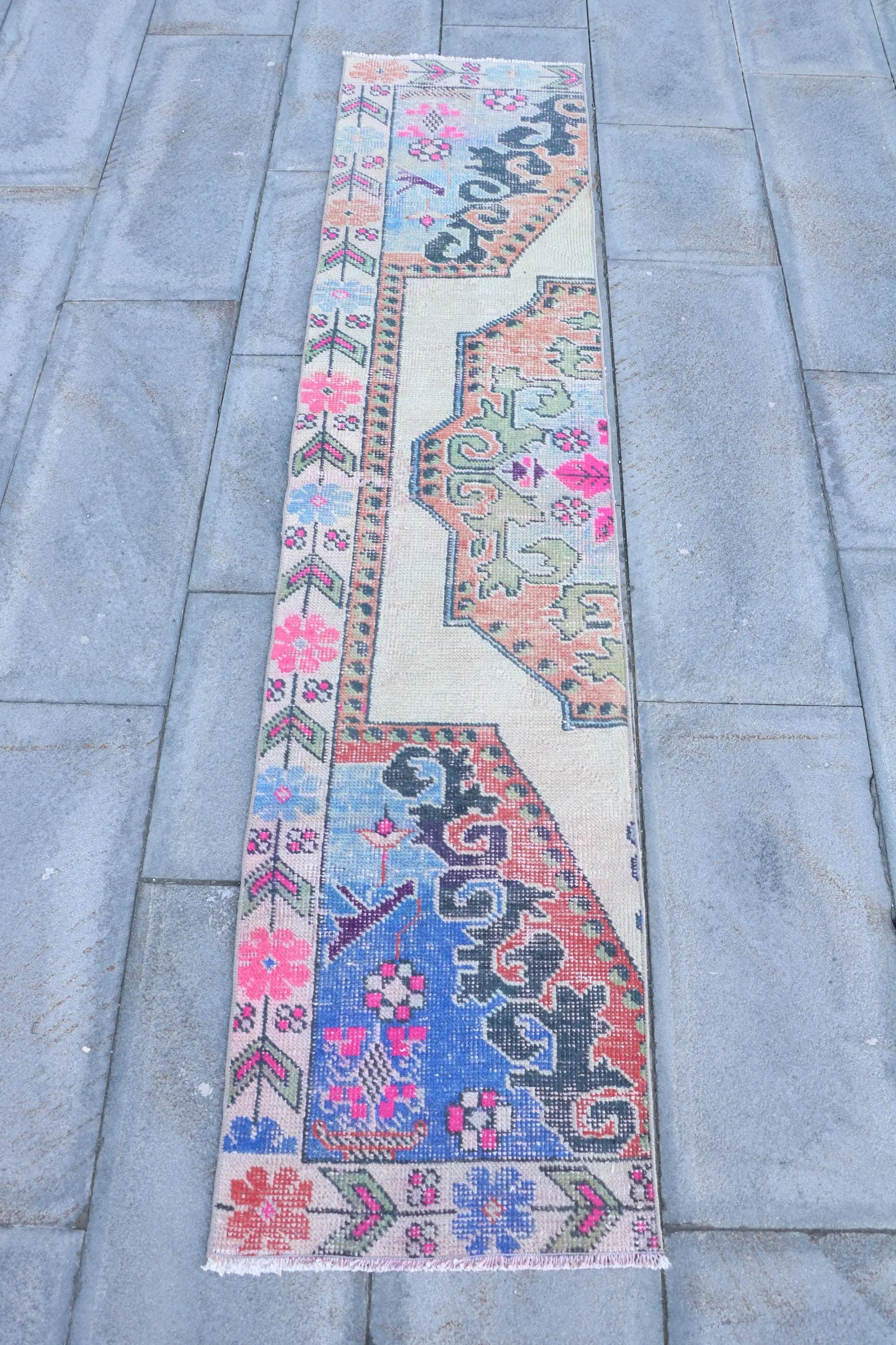 Vintage Turkish Rug 1.5x6.9 ft, Blue Floral Rug - 1