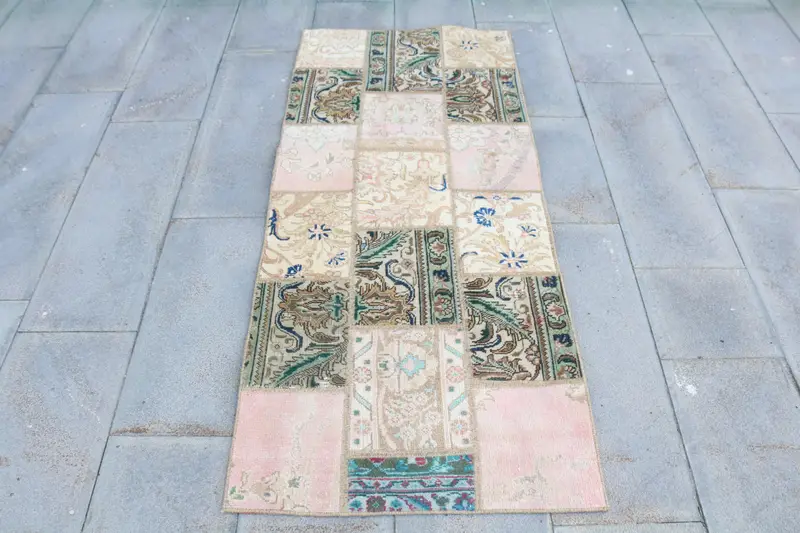 Vintage Teppich, kleiner 2,5x5,7 ft türkischer Teppich, rosa blau floraler Wollteppich - 1