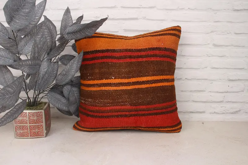 Bench Pillow, 18x18 Orange Pillow, Antique Pillows, Vintage Pillow, Pillow Sham, Living Room Throw Pillow Cover, Kilim Cushion Sham - 1