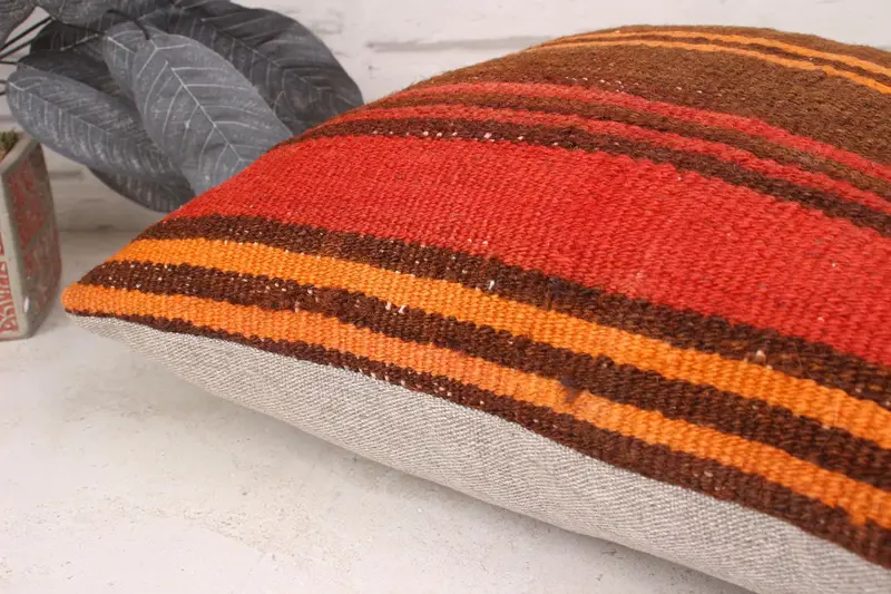 Bench Pillow, 18x18 Orange Pillow, Antique Pillows, Vintage Pillow, Pillow Sham, Living Room Throw Pillow Cover, Kilim Cushion Sham - 6