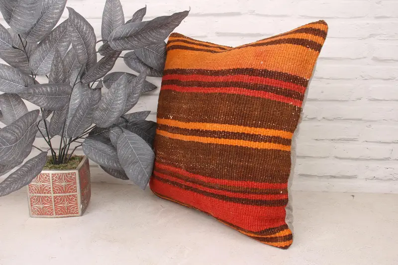 Bench Pillow, 18x18 Orange Pillow, Antique Pillows, Vintage Pillow, Pillow Sham, Living Room Throw Pillow Cover, Kilim Cushion Sham - 4