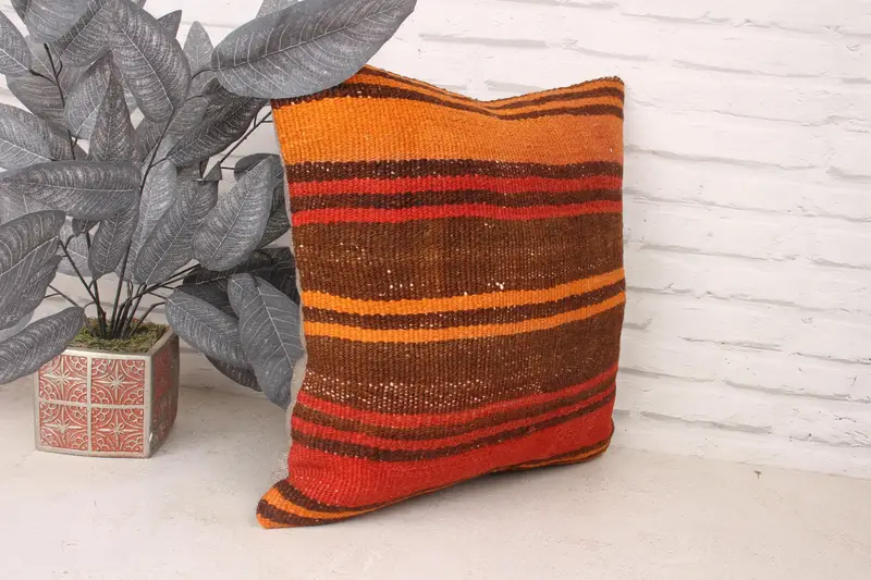 Bench Pillow, 18x18 Orange Pillow, Antique Pillows, Vintage Pillow, Pillow Sham, Living Room Throw Pillow Cover, Kilim Cushion Sham - 3