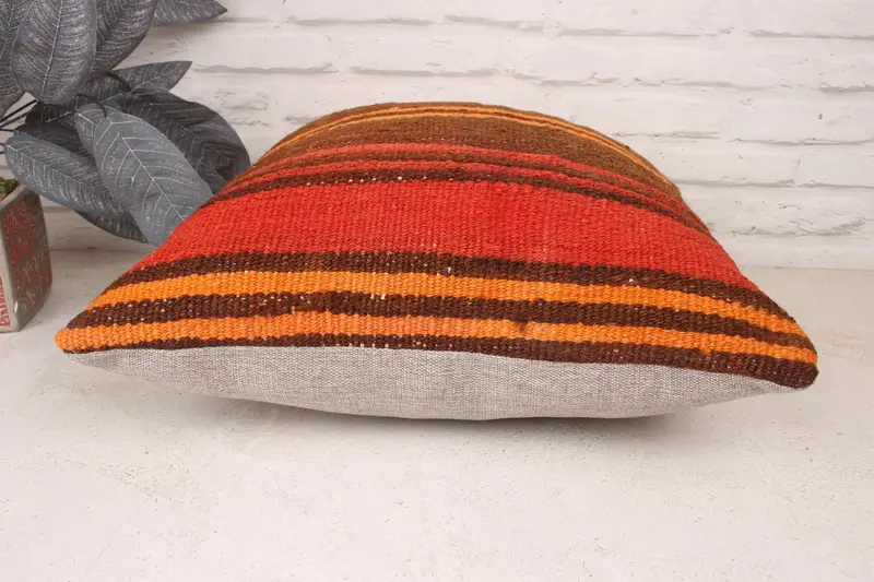 Bench Pillow, 18x18 Orange Pillow, Antique Pillows, Vintage Pillow, Pillow Sham, Living Room Throw Pillow Cover, Kilim Cushion Sham - 5