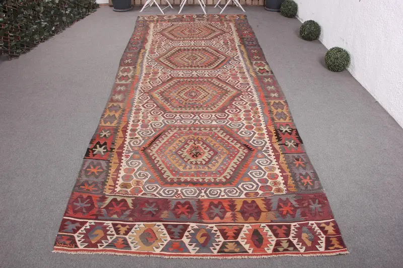 Handmade Purple & Green Check Rug, 5,2x14 ft