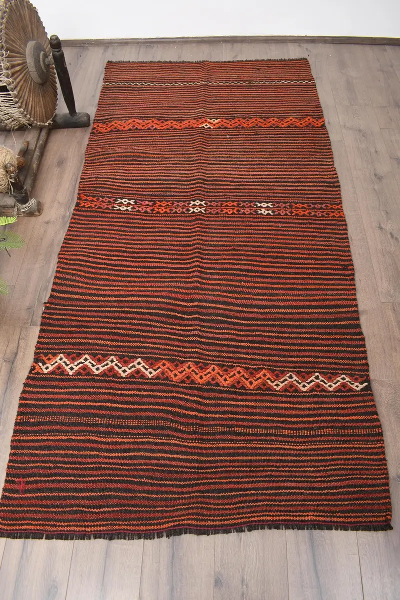 Vintage Area Rug 3.6x7.9 ft (110x240 cm), Kilim Black Southwestern Turkish Rug - 1