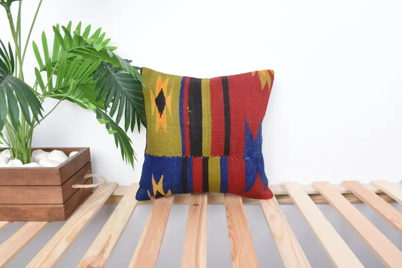 Cushion Cover, Turkish Pillow, Cotton Cushion Cover, Throw Kilim Pillow, Pillow for Couch, Ethnic Throw Pillow Case, 14x14 Green Pillow Sham - 1