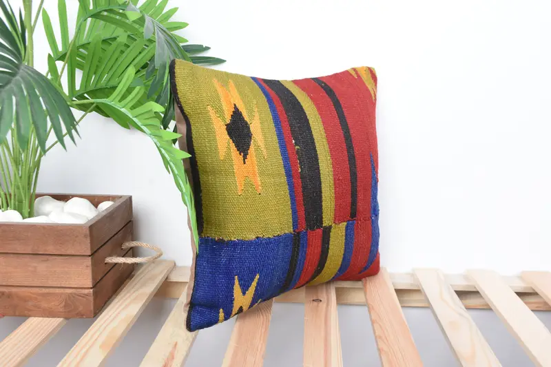 Cushion Cover, Turkish Pillow, Cotton Cushion Cover, Throw Kilim Pillow, Pillow for Couch, Ethnic Throw Pillow Case, 14x14 Green Pillow Sham - 5