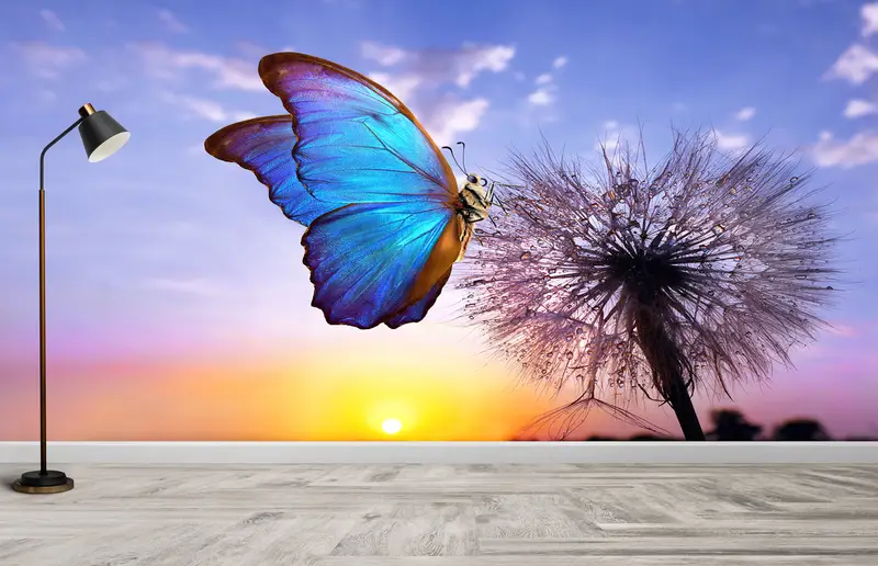 Baskılı Duvar Kağıdı: Gökkuşağı Kelebek ve Gün Batımı Doğa Güzelliği