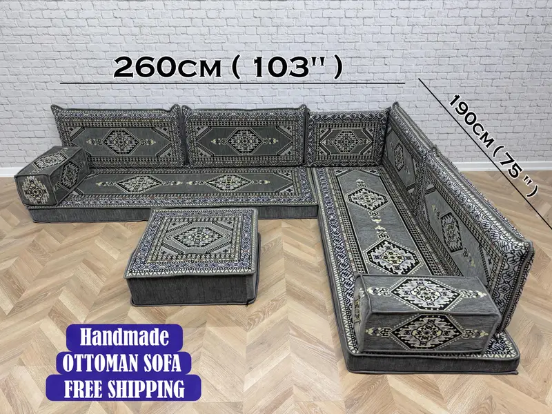 Modüler Osmanlı Koltuk Takımı, Kilimden Esinlenmiş Gri Yün Karışımlı Osmanlı