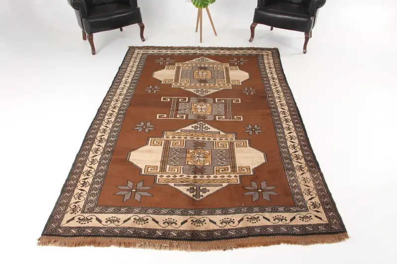 5.9x8.7 ft Rug, Vintage Turkish Rug, Brown Ikat Wool Rug - 1