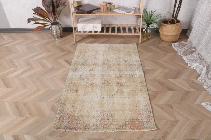 Vintage Türk Halısı, 3x4.9 ft Oushak Halı, Bej Kırmızı Ombré Halı - 1