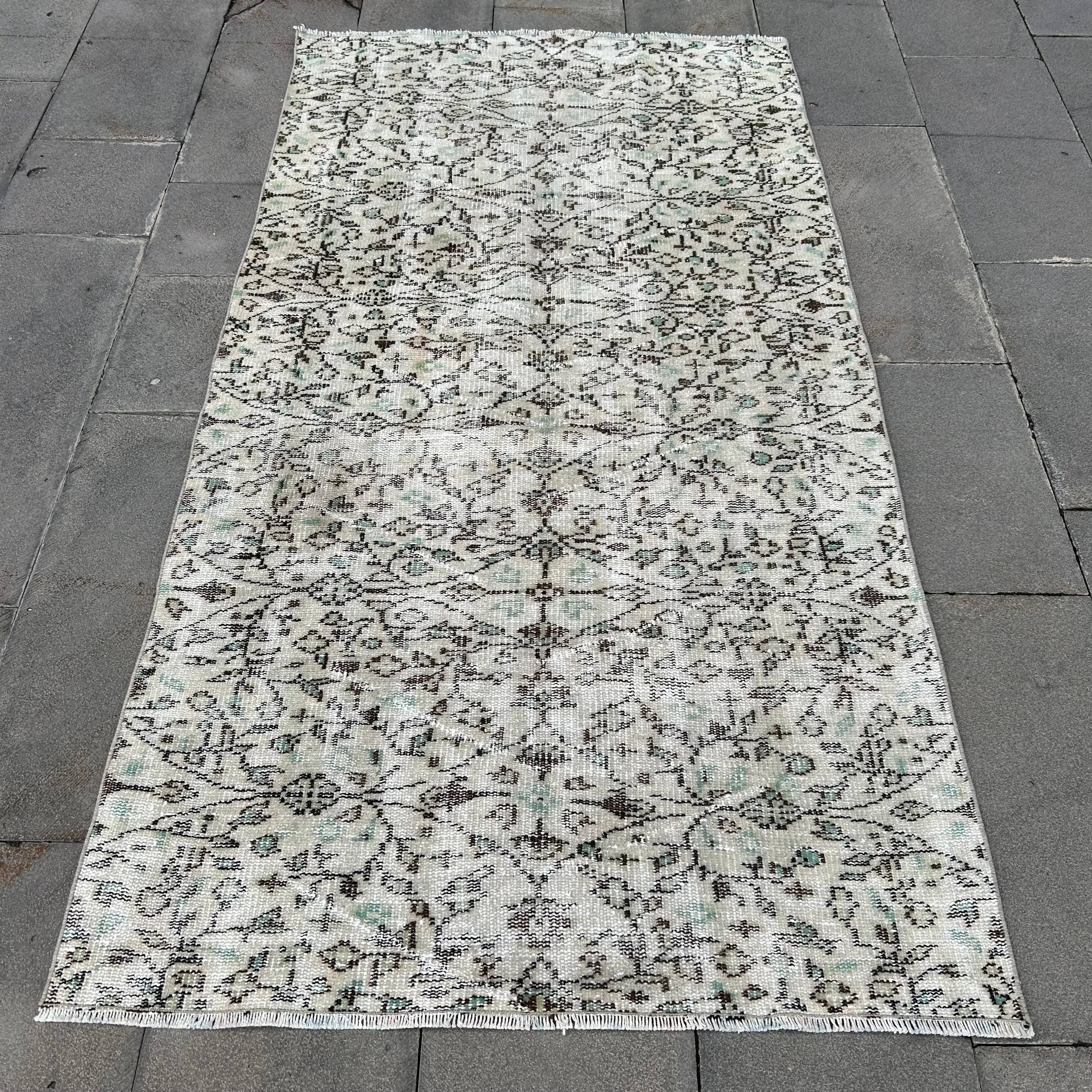3.6x6.8 ft Vintage Rug, Turkish Area Rug, Gray Plants & trees Wool Rug - 1