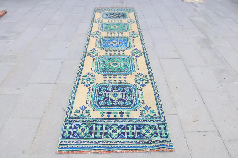Turkish Vintage Rug, 2.9x11.5 ft Oushak Rug, Blue Green Patchwork Wool Rug - 1