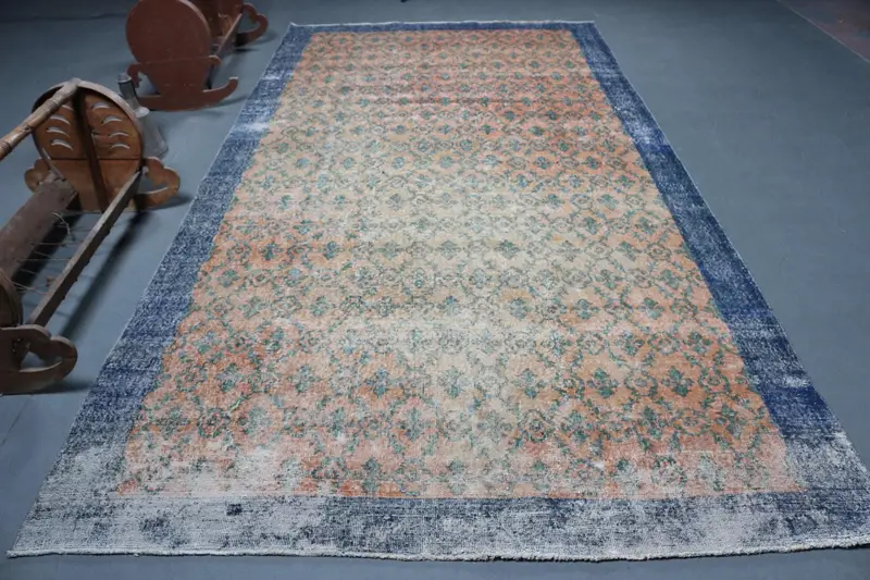 Alfombra vintage de 6,4x12,3 pies, alfombra turca de gran tamaño, alfombra de plantas y árboles azules - 1