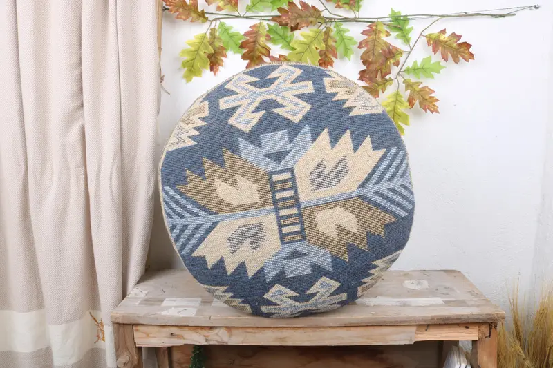 Dikdörtgen Mavi Kilim Puf, Türkiye'den El Yapımı Yün Osmanlı