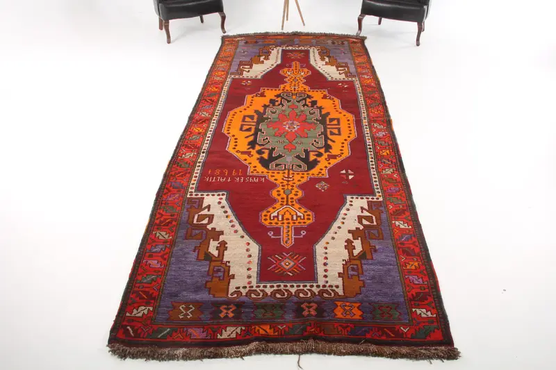 Vintage Oushak Rug 5x13.3 ft, Red Purple Wool Turkish Rug - 1