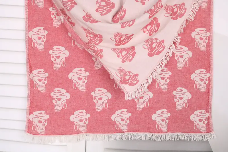 36x71 Inches Red Skull Patterned Cotton Towel, Custom Wedding Gift