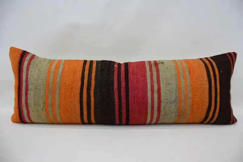 Cotton Cushion Cover, Pillow Sham, Square Throw Pillow, Boho Pillow, Handmade Kilim Cushion, 12x36 Orange Cushion Case, Vintage Pillow - 1