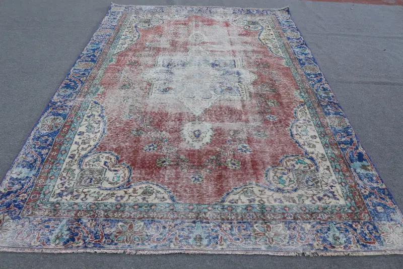 Kırmızı ve Mavi Oryantal Halı, 10x10,04 ft Şık Dekor