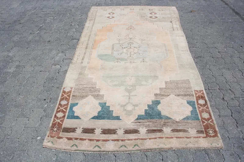Turkish Vintage Rug, 4.4x8.6 ft Oushak Rug, Brown Floral Wool Rug - 1