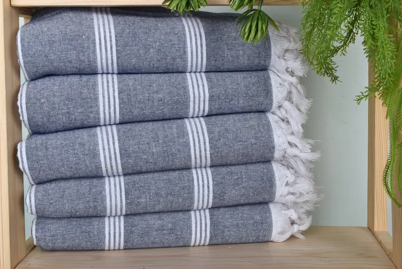 Beach Towel Navy Cotton Striped, Handmade, 30x69 Inches