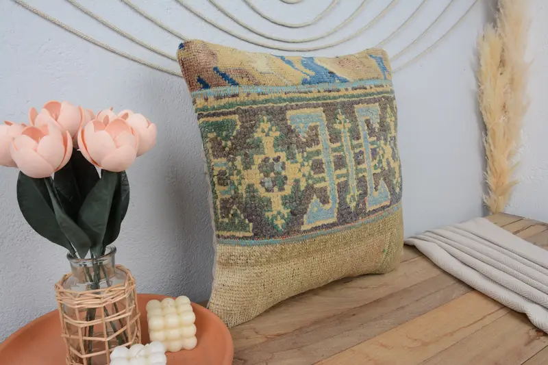 18x18 Blue Cushion, Designer Throw Pillow, Turkish Rugs Pillow, Vintage Kilim Throw Pillow, Pillow Cover, Throw Kilim Pillow, Vintage Pillow - 1
