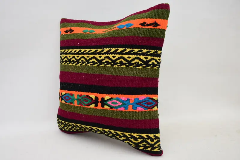 Decorative Throw Cushion Cover, Handmade Kilim Cushion, Boho Pillow Sham Cover, Ethnical Kilim Rug Pillow, 14x14 Green Pillow Sham, Cushion Case - 3