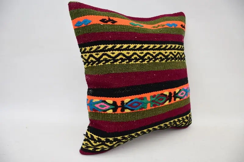 Decorative Throw Cushion Cover, Handmade Kilim Cushion, Boho Pillow Sham Cover, Ethnical Kilim Rug Pillow, 14x14 Green Pillow Sham, Cushion Case - 2