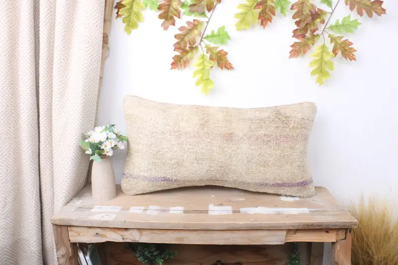 Vintage Kilim Throw Pillow, 12x24 Beige Pillow Case, Pillow Case, Muted Pillow Case, Turkish Kilim Pillow, Pillow for Sofa, Sustainable Pillow Sham - 1