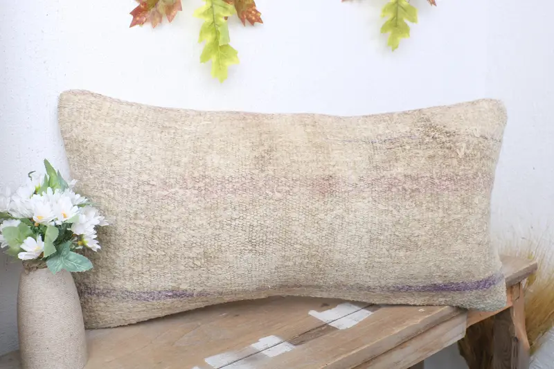 Vintage Kilim Throw Pillow, 12x24 Beige Pillow Case, Pillow Case, Muted Pillow Case, Turkish Kilim Pillow, Pillow for Sofa, Sustainable Pillow Sham - 4