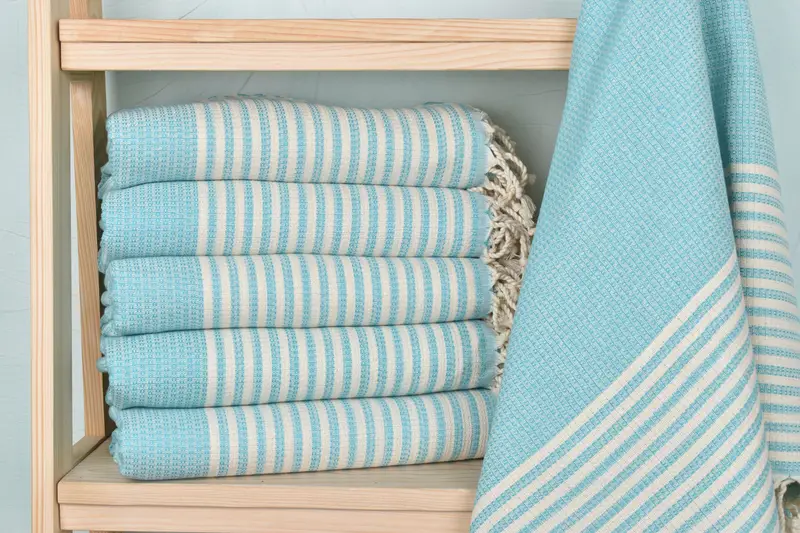 Turquoise Cotton Towel Handmade Gift Striped Bath Towel, 40x67 Inches