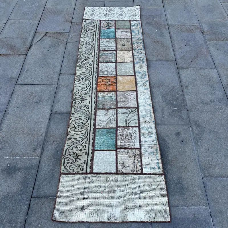 グリーンパッチワークラグ、1.9x6.7フィートのエレガントな室内装飾
