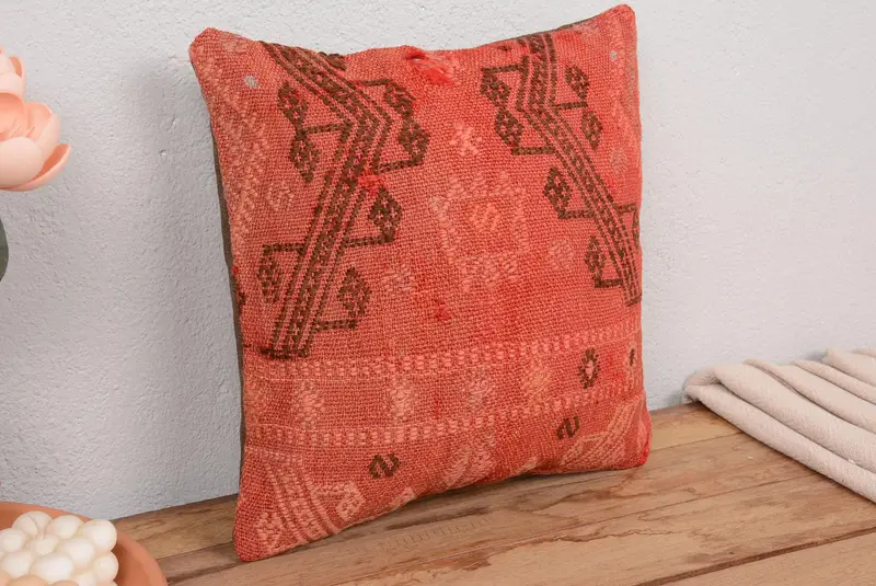 Almohada de lanzamiento bordada roja y marrón, cojín vintage 14x14