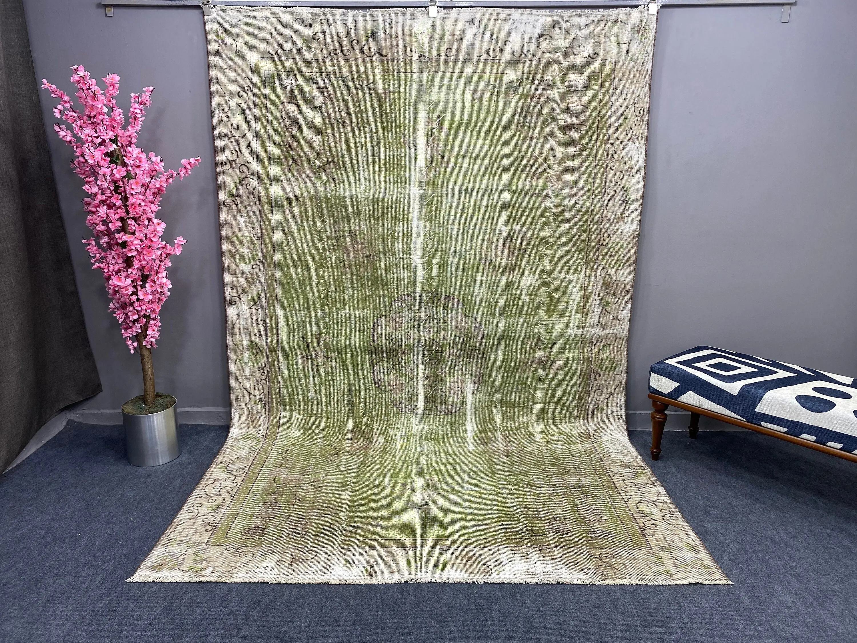 6.5x9.9 ft Büyük Vintage Türk Halısı, Yeşil Soyut Yün Halı - 1