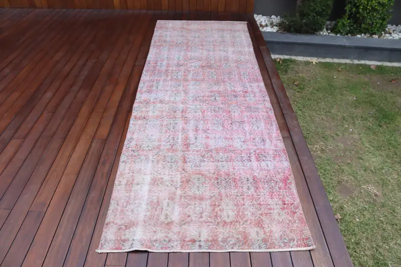 3.3x10.3 ft Vintage Oushak Rug, Red Plants & trees Turkish Wool Rug - 1