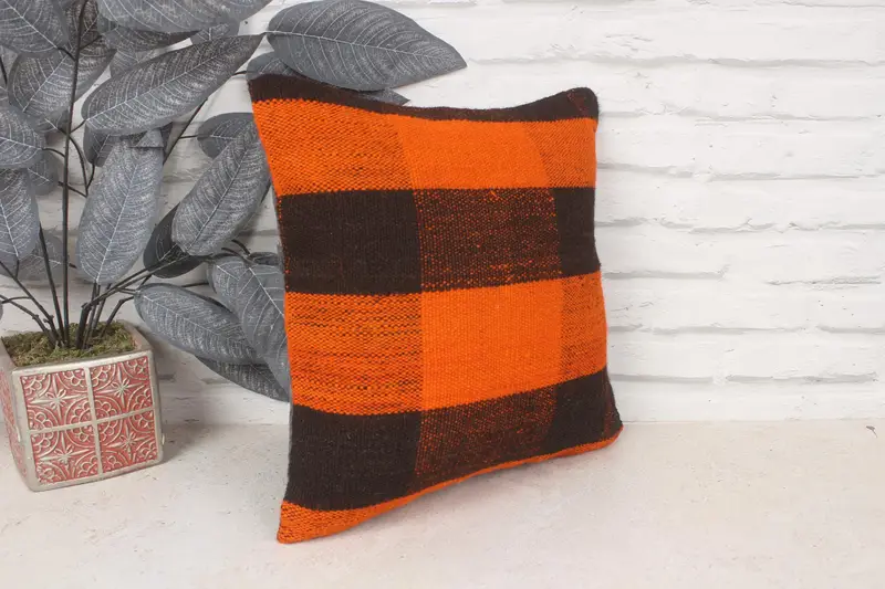 14x14 Orange Cushion Case, Boho Pillow, Pillow Sham, Knitted Pillow Cover, Kilim Pillow Cover, Garden Cushion, Interior Designer Pillow - 3