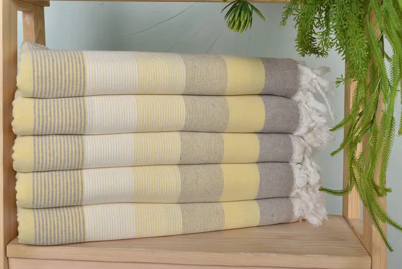 Turkish Bath Towel Yellow-Gray Striped Cotton, 40x67 Inches