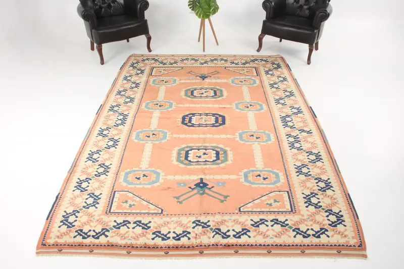 Vintage 6.7x9.7 ft Rug, Large Turkish Rug, Orange Blue Camouflage Wool Rug - 1