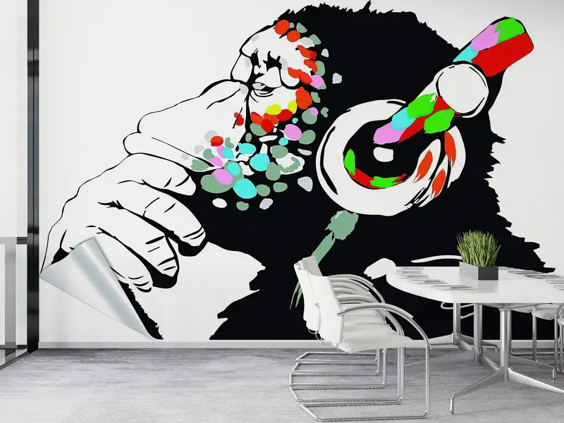 Sanatsal Mekanlar için Canlı Baskılı Maymun Graffiti Duvar Kağıdı