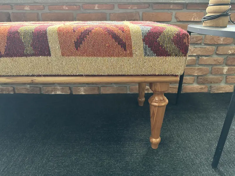 Modular Blue & Red Kilim-Inspired Ottoman, Wool Blend Fabric Ottoman