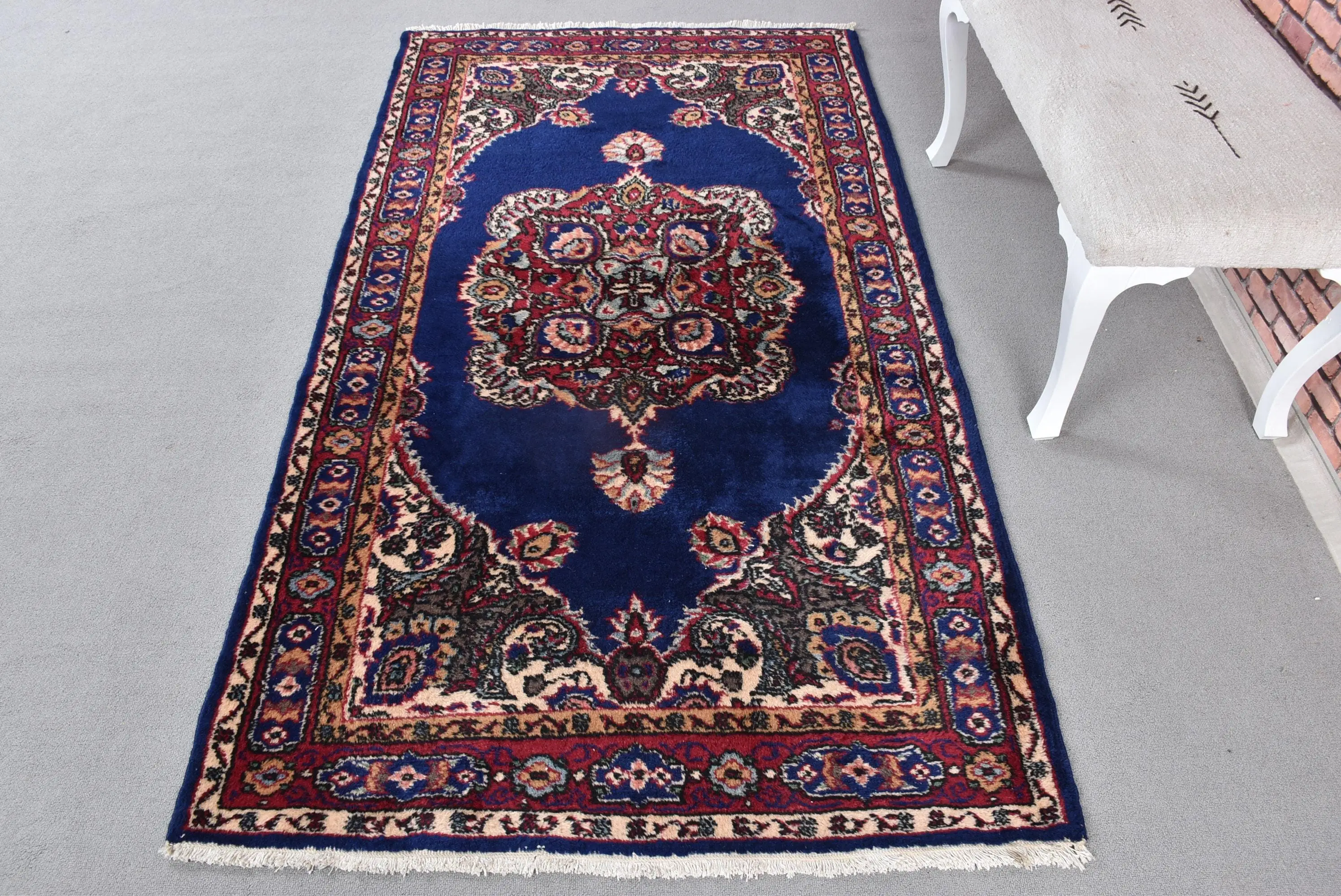 Vintage Rug, 3.9x7 ft Area Turkish Rug, Blue Red Floral Rug - 1