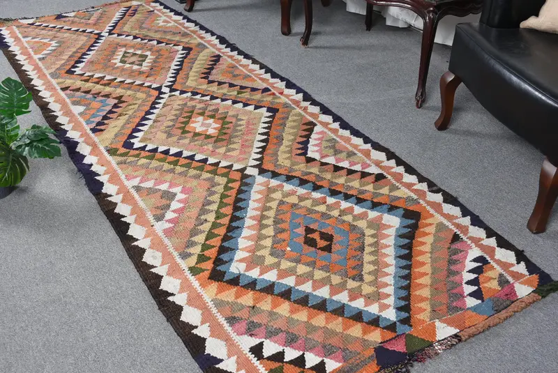 Turkish Rug, 3.4x9.8 ft Runner Rug, Orange Blue Herki Wool Rug - 1