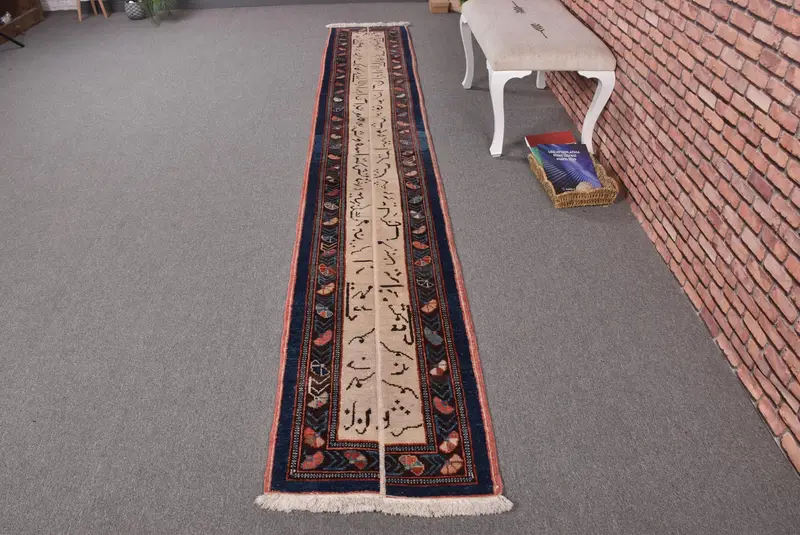 1.8x12.1 ft Vintage Turkish Rug, Runner Rug, Oushak Blue Wool Rug - 1