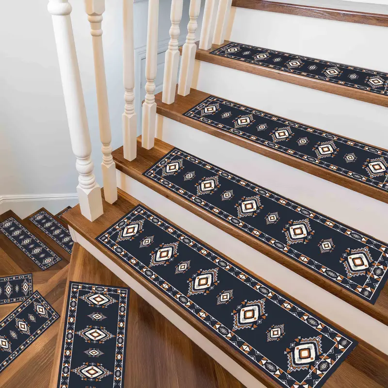 Navy Blue Aztec Geometric Pattern Kilim Printed Stair Rug
