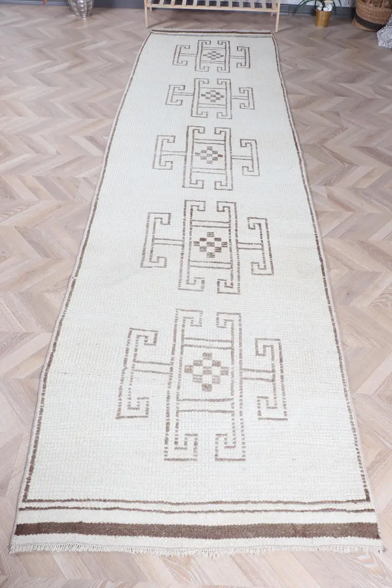Alfombra turca vintage, alfombra Herki de 0,3x11,8 pies, alfombra de lana a rayas blancas - 1