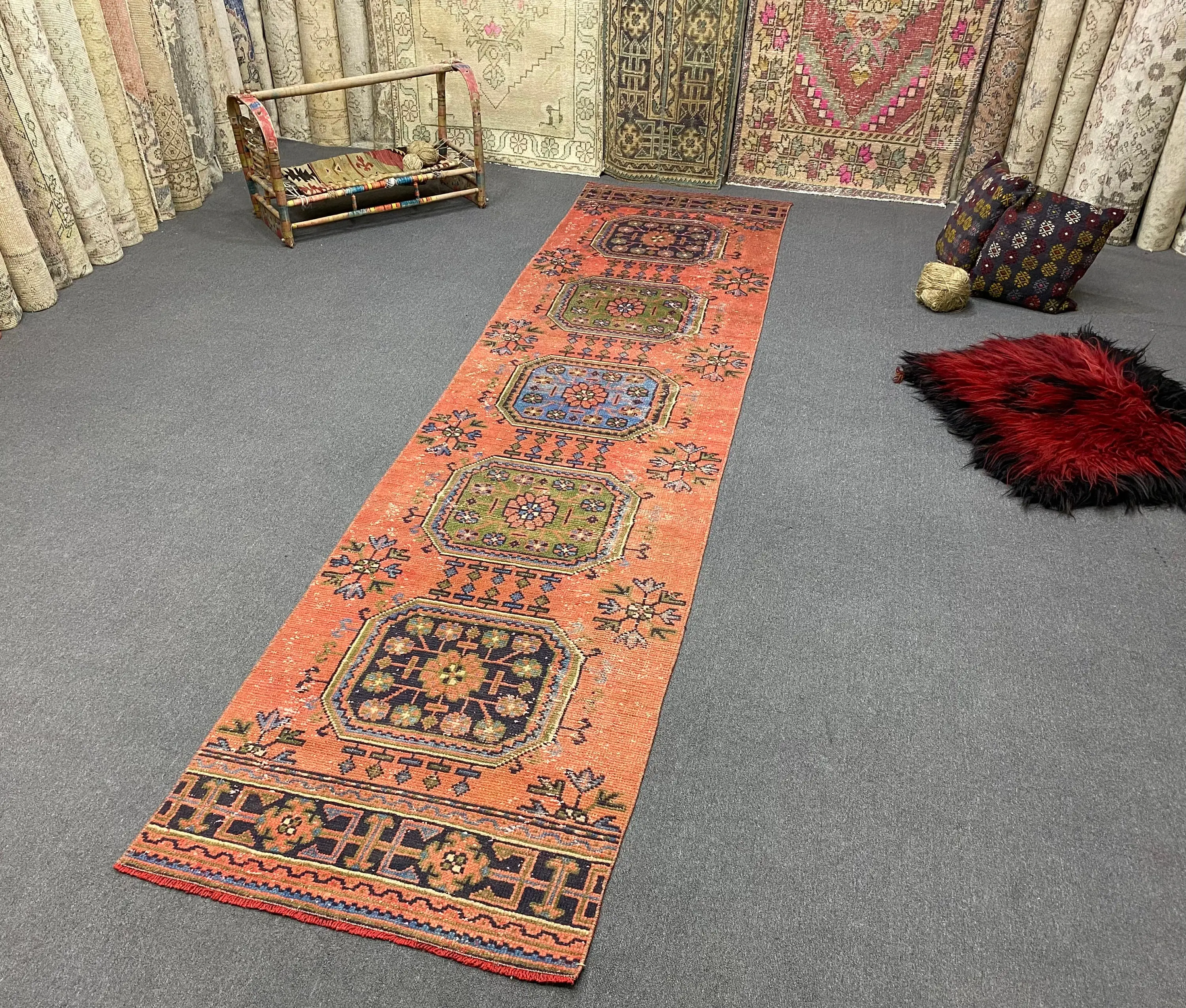 2.8x11.6 ft Turkish Rug, Vintage Runner Rug, Red Blue Floral Rug - 1