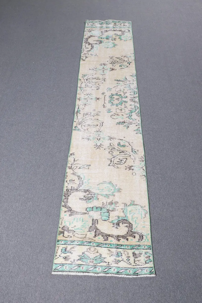 2x10 ft Vintage Halı, Türk Yolluk Halısı, Yeşil Beyaz Oryantal Yün Halı - 1