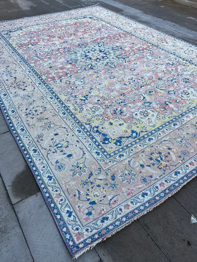 Zarif Pembe ve Mavi Oryantal Halı, 9,5x13,3 ft