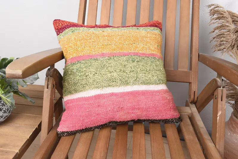 Cotton Pillow Case, Boho Pillow, Pillow Sham, Vintage Kilim Pillow, Retro Cushion Cover, 16x16 Pink Pillow Sham, Handmade Kilim Cushion - 2