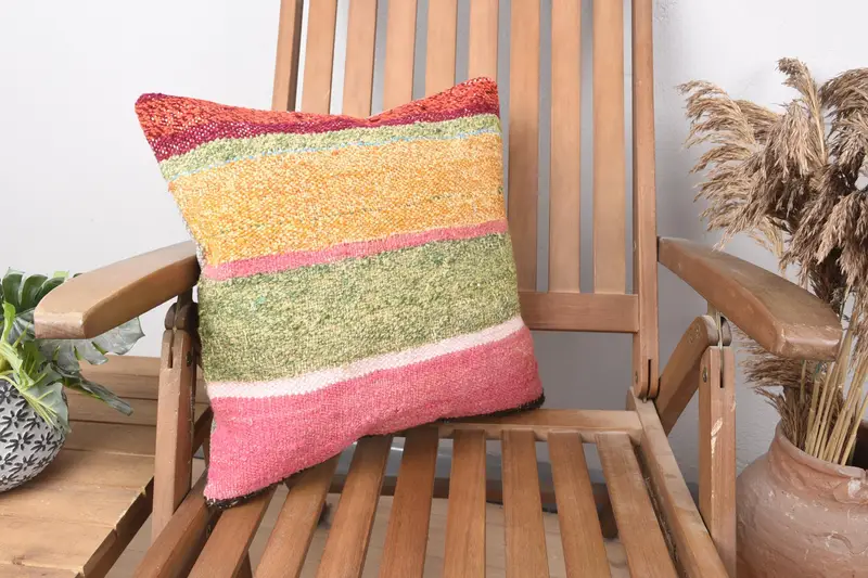Cotton Pillow Case, Boho Pillow, Pillow Sham, Vintage Kilim Pillow, Retro Cushion Cover, 16x16 Pink Pillow Sham, Handmade Kilim Cushion - 1